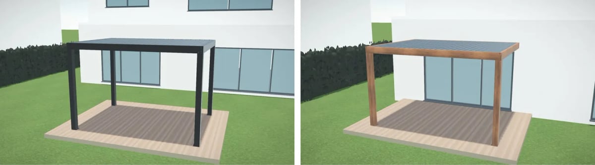Kaksi saman pergolan renderöintiä konfiguraattorin 3D-moottorista: musta vapaasti seisova ja puunsävyinen talon seinää vasten