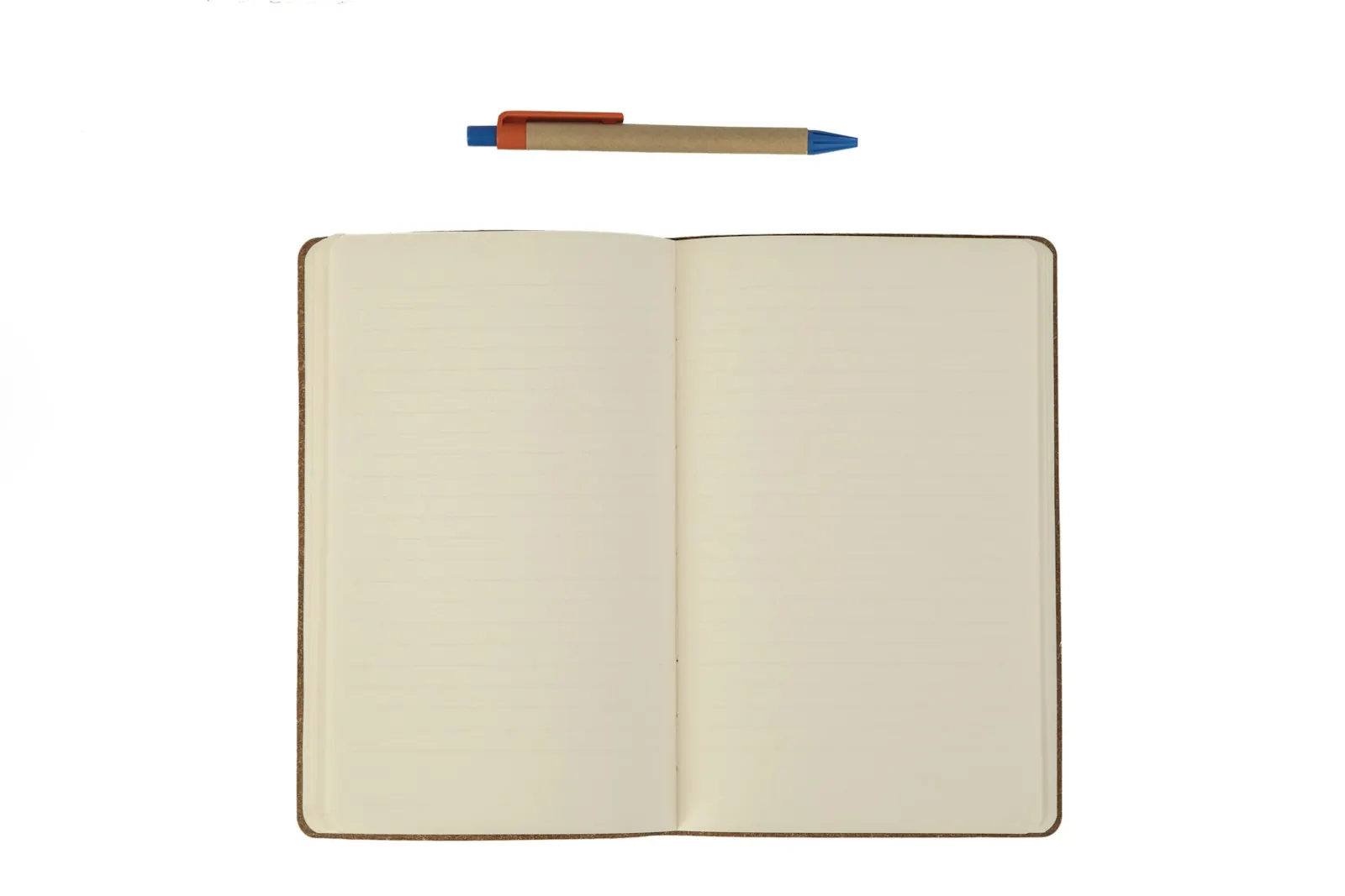 An open lined notebook with a pen