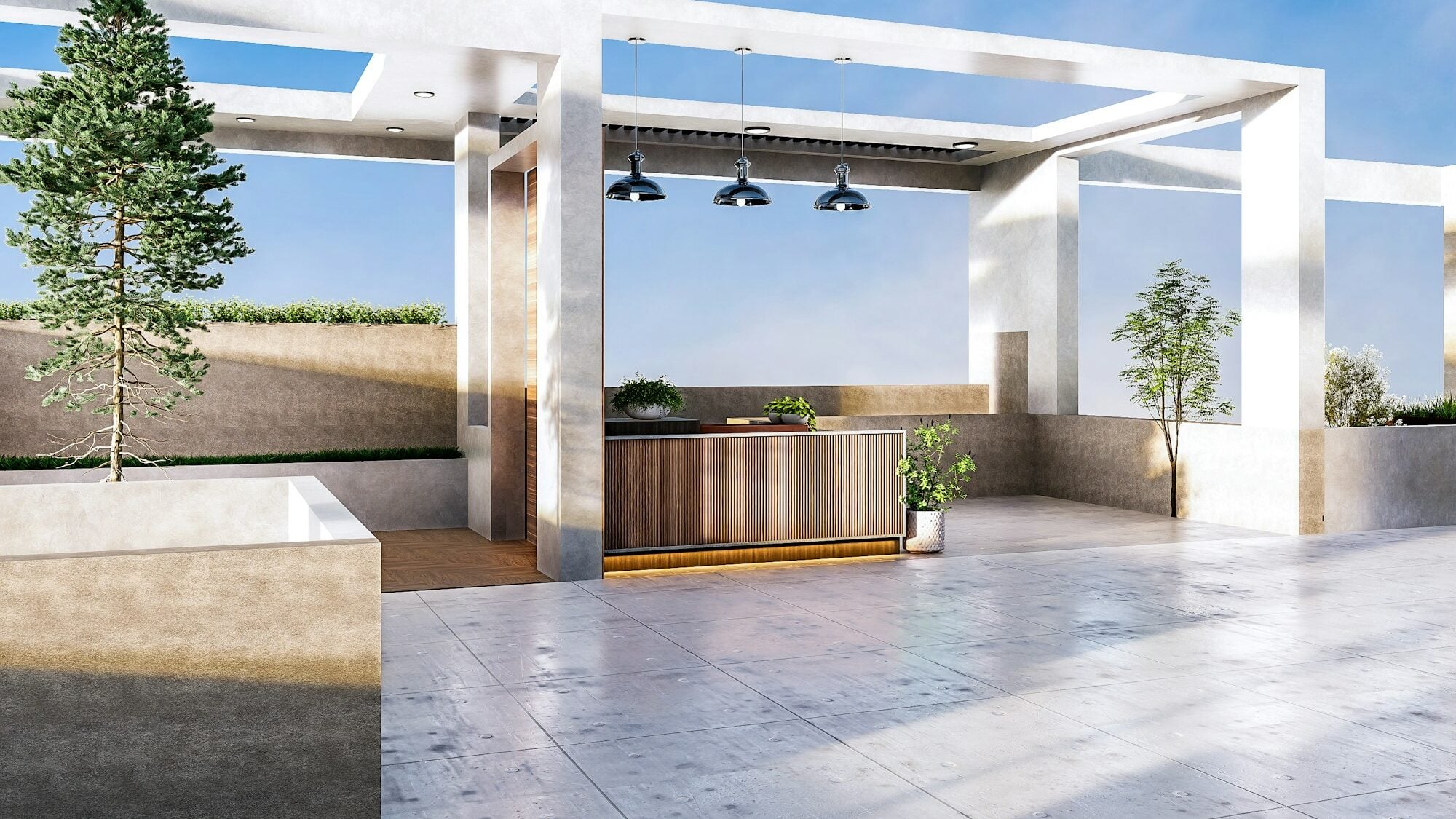 Biela pergola nad terasou s vonkajším barom