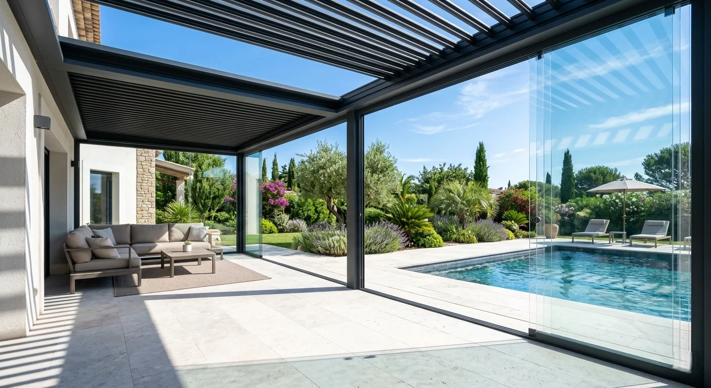 Kehyksettömällä lasituksella varustettu pergola, Moja Pergola