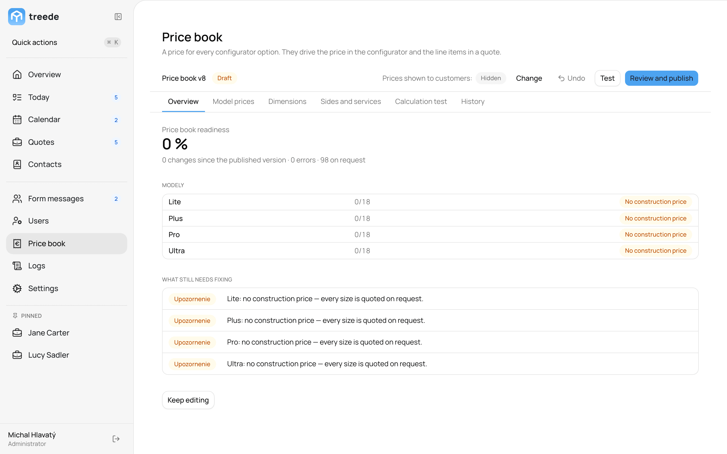 treede CRM: tuotehinnasto esimerkkitiedoilla