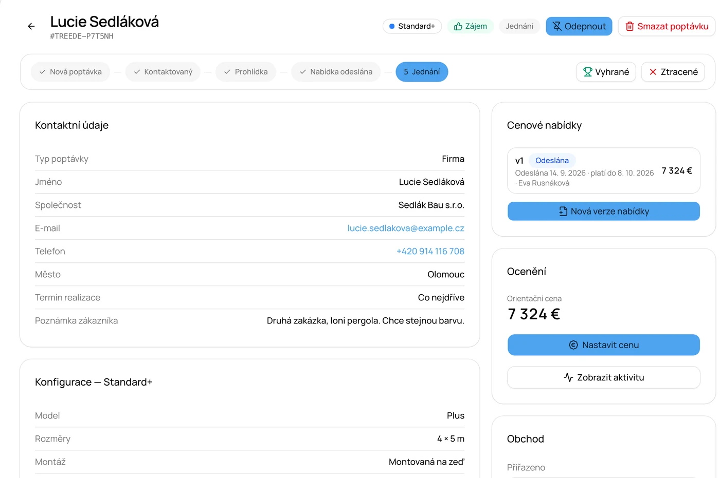 Poptávka v treede CRM se specifikací pergoly 4 × 5 m, orientační cenou a odeslanou nabídkou