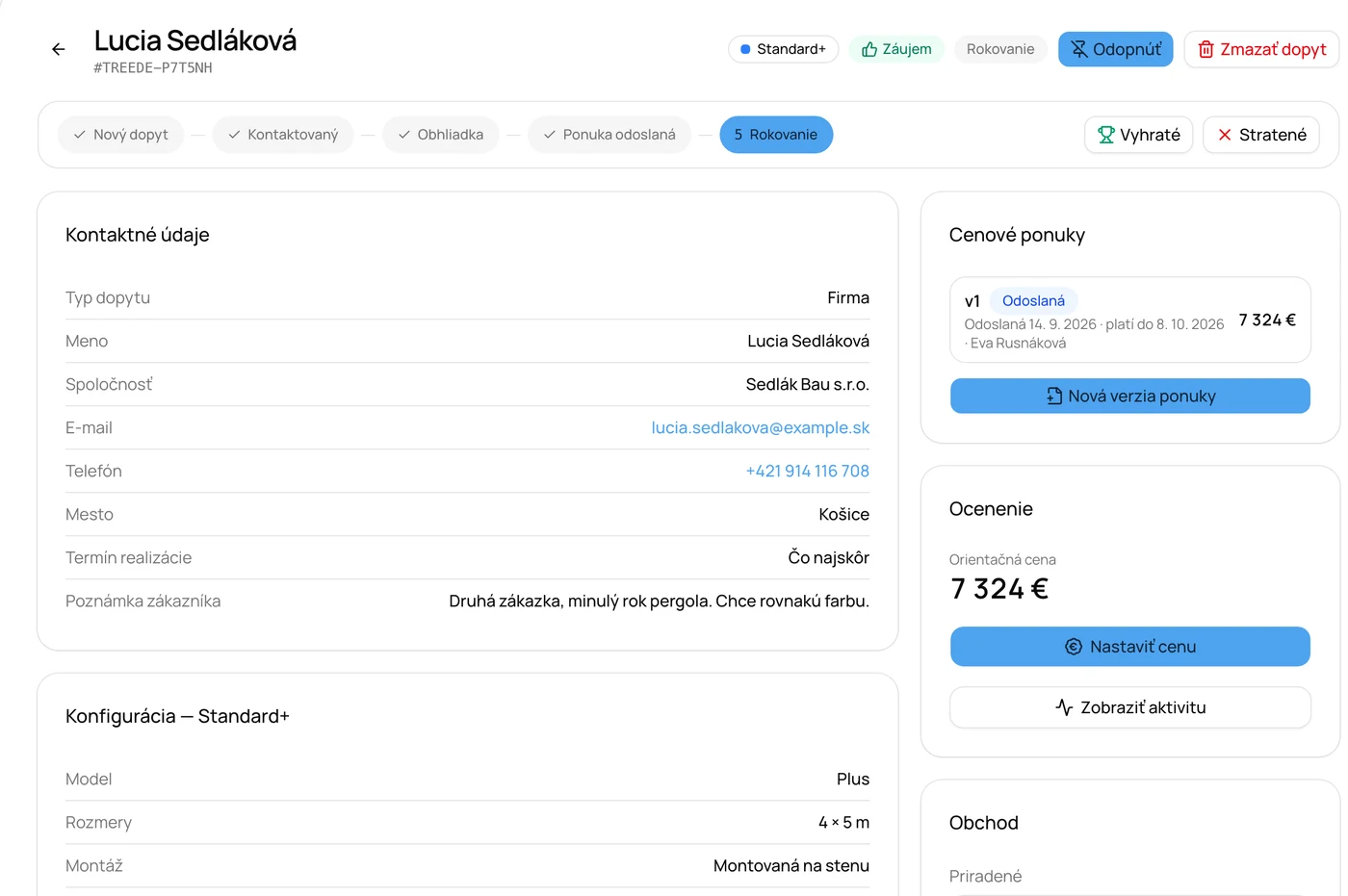 Dopyt v treede CRM so špecifikáciou pergoly 4 × 5 m, orientačnou cenou a odoslanou ponukou