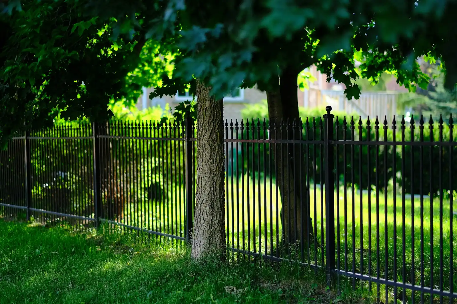 Metalliaita ja pylväät nurmikon reunalla