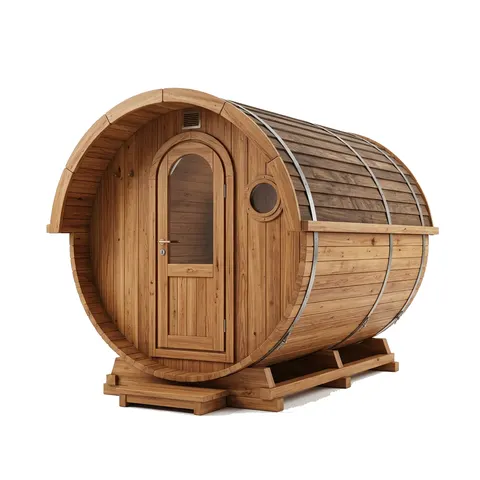 Tynnyrimallinen glamping-mökki